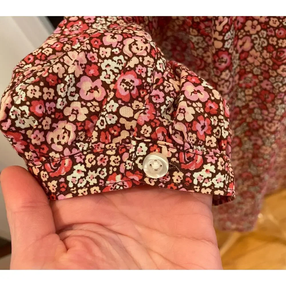 Lee Red Floral Short Sleeve Button Down Shirt, Band Collar, Cottage, Size L